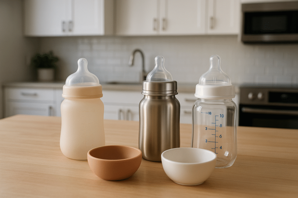 glass stainless plastic bottle and bowls